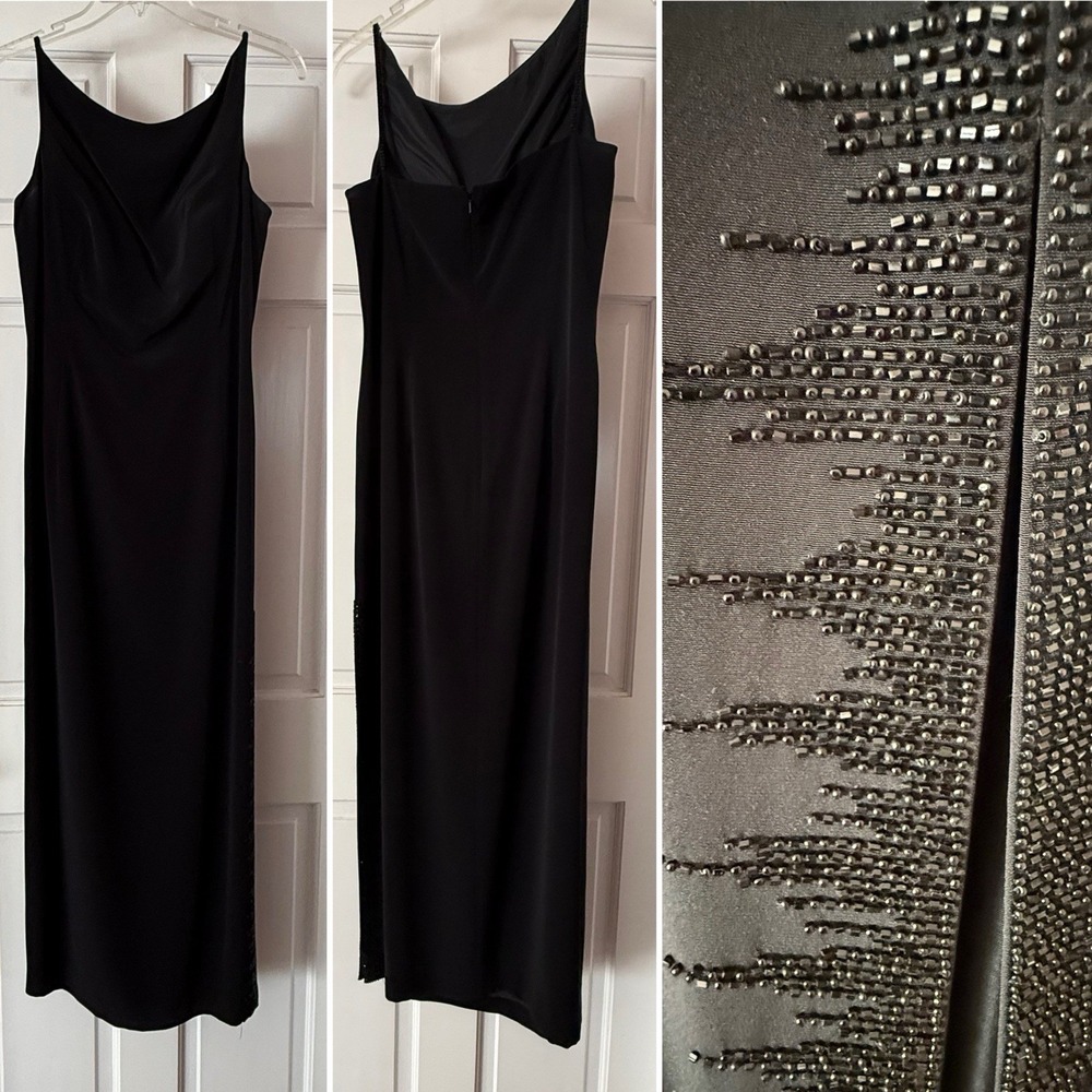 Vtg Liz Elana Maxi Dress Black Women 8 Long Prom Hoco Bead Goth Whimsigoth Slit